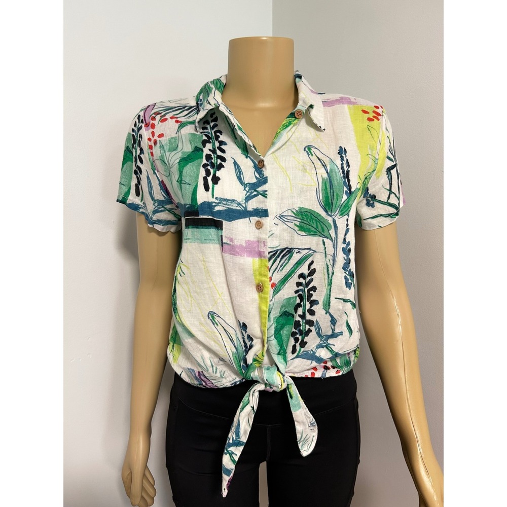 Sigrid Olsen Womens Medium 100% Linen Abstract Botanical Tie Front Button Shirt